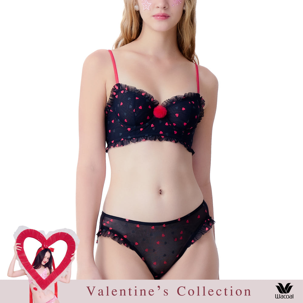 Wacoal Mood Valentine's Collection บรามีโครง ตัวยาว รุ่น MM1H53 เข้าคู่ กางเกงใน รุ่น MUMH53 สีดำ (BL)