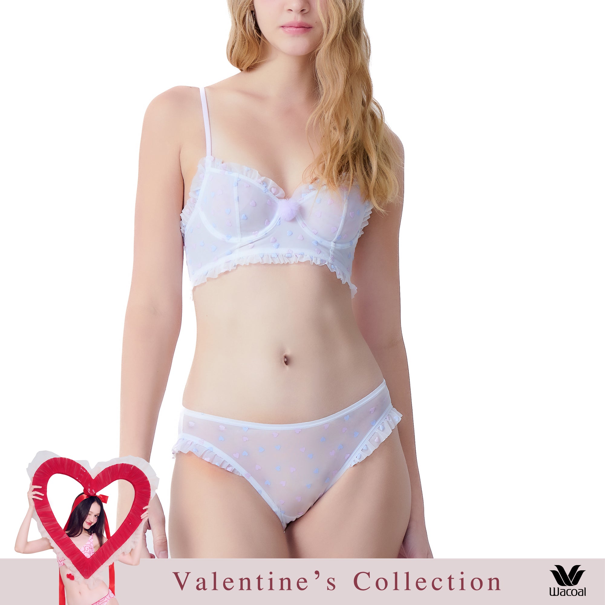 Wacoal Mood Valentine's Collection บรามีโครง ตัวยาว รุ่น MM1H53 เข้าคู่ กางเกงใน รุ่น MUMH53 สีขาว (WH)