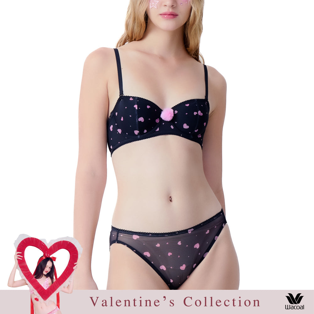 Wacoal Mood Valentine's Collection บรามีโครง รุ่น MM1H55 เข้าคู่ กางเกงใน รุ่น MUMH55 สีดำ (BL)