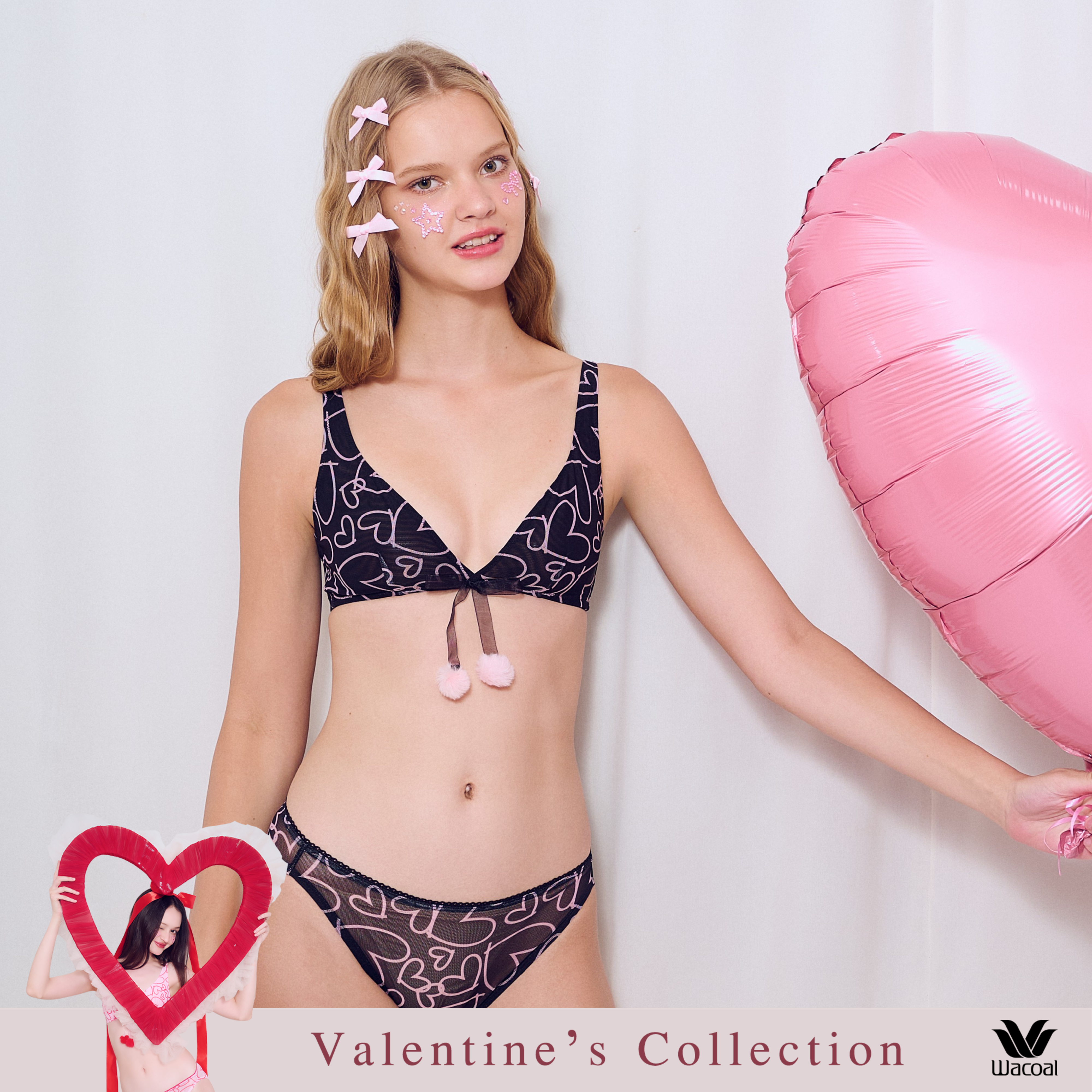 Wacoal Mood Valentine's Collection บราไร้โครง รุ่น MM1Y31 เข้าคู่ กางเกงใน รุ่น MUMY31 สีดำ (BL)