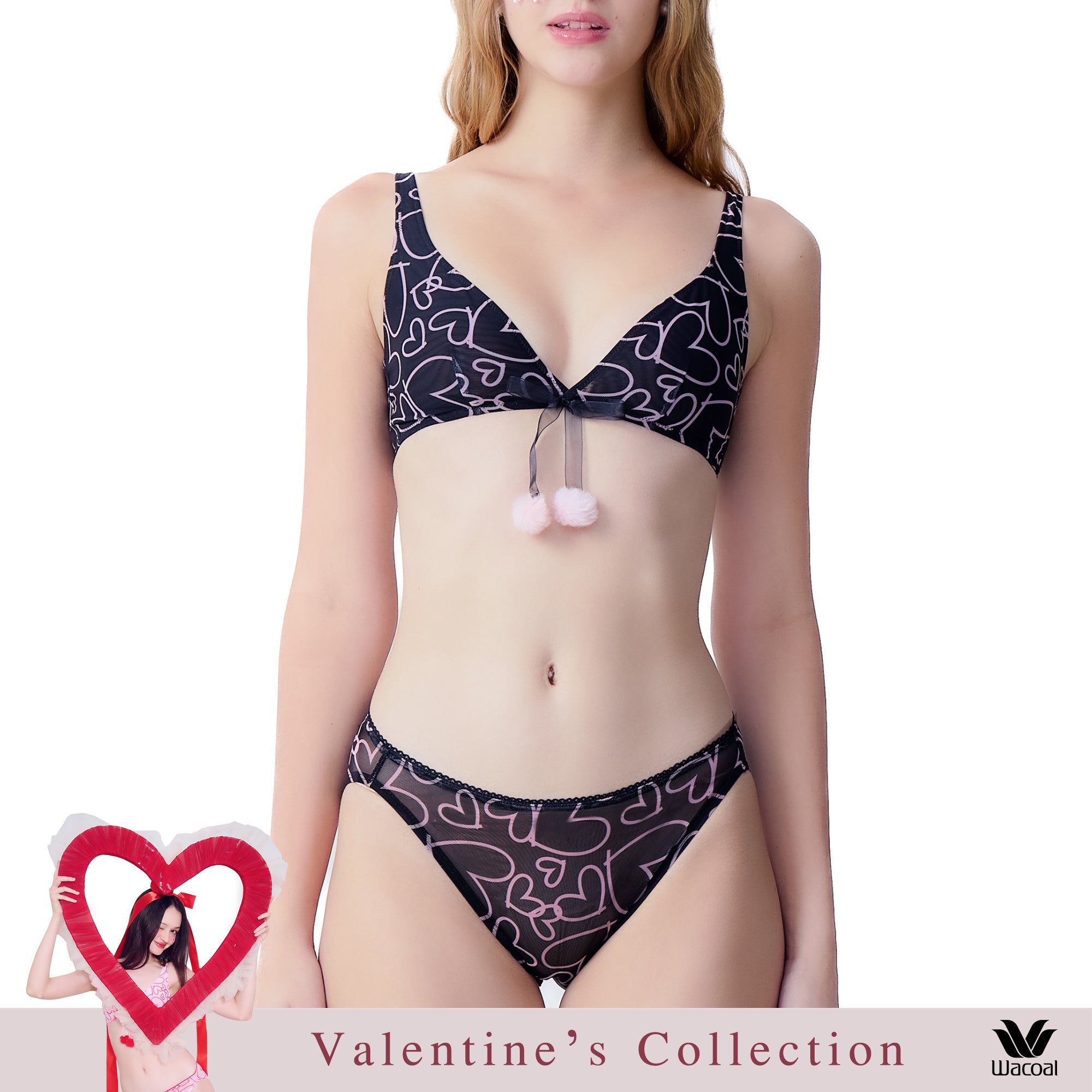 Wacoal Mood Valentine's Collection บราไร้โครง รุ่น MM1Y31 เข้าคู่ กางเกงใน รุ่น MUMY31 สีดำ (BL)