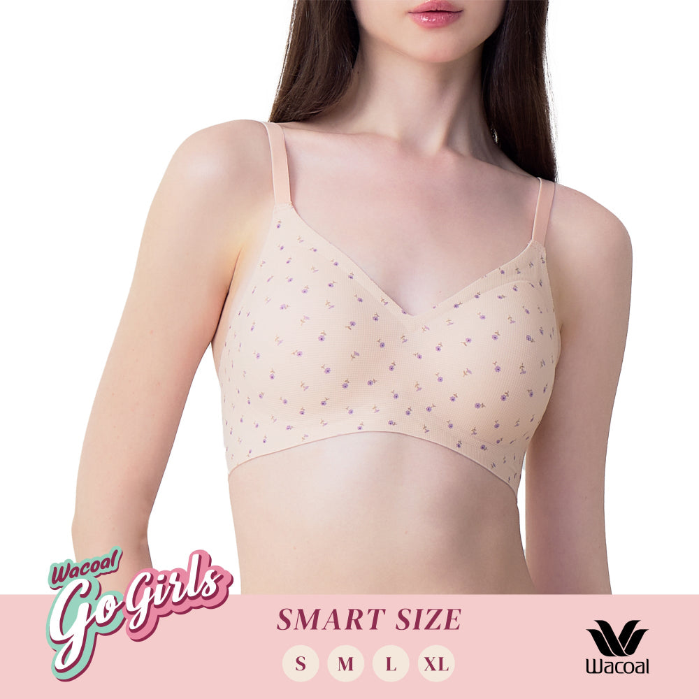 Wacoal Gogirls Smart Size บราไร้โครง ฟองน้ำบาง พิมพ์ลายดอกไม้ รุ่น WB3Y43 สีเบจ (BE)