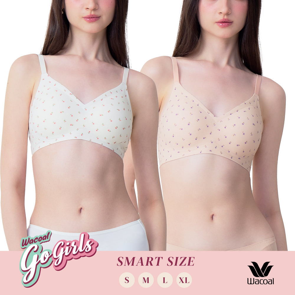 Wacoal Gogirls Smart Size บราไร้โครง ฟองน้ำบาง พิมพ์ลายดอกไม้ เซท 2 ชิ้น รุ่น WB3Y43/WB3243 สีครีม-เบจ (CB)