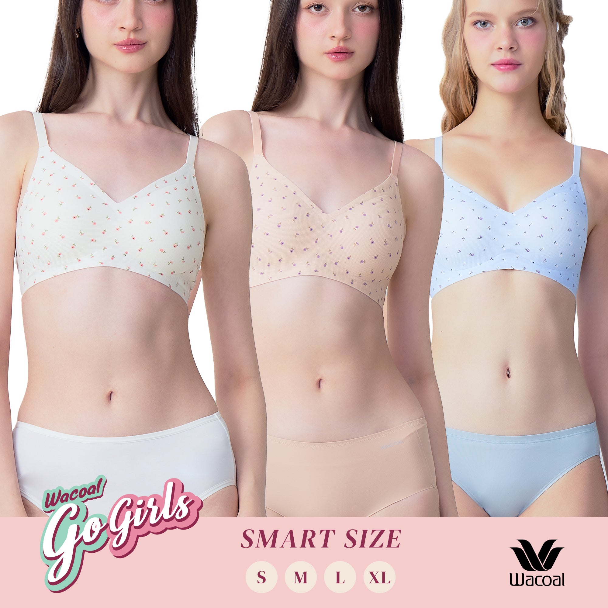 Wacoal Gogirls Smart Size บราไร้โครง ฟองน้ำบาง พิมพ์ลายดอกไม้ เซท 3 ชิ้น รุ่น WB3Y43/WB3343 สีครีม-เบจ-ฟ้า (CB)