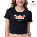 Wacoal Teen x Plaifah.postcard T-shirt with sleeves for teenagers, printed with cartoon pattern, model WH3A14, black (BL)