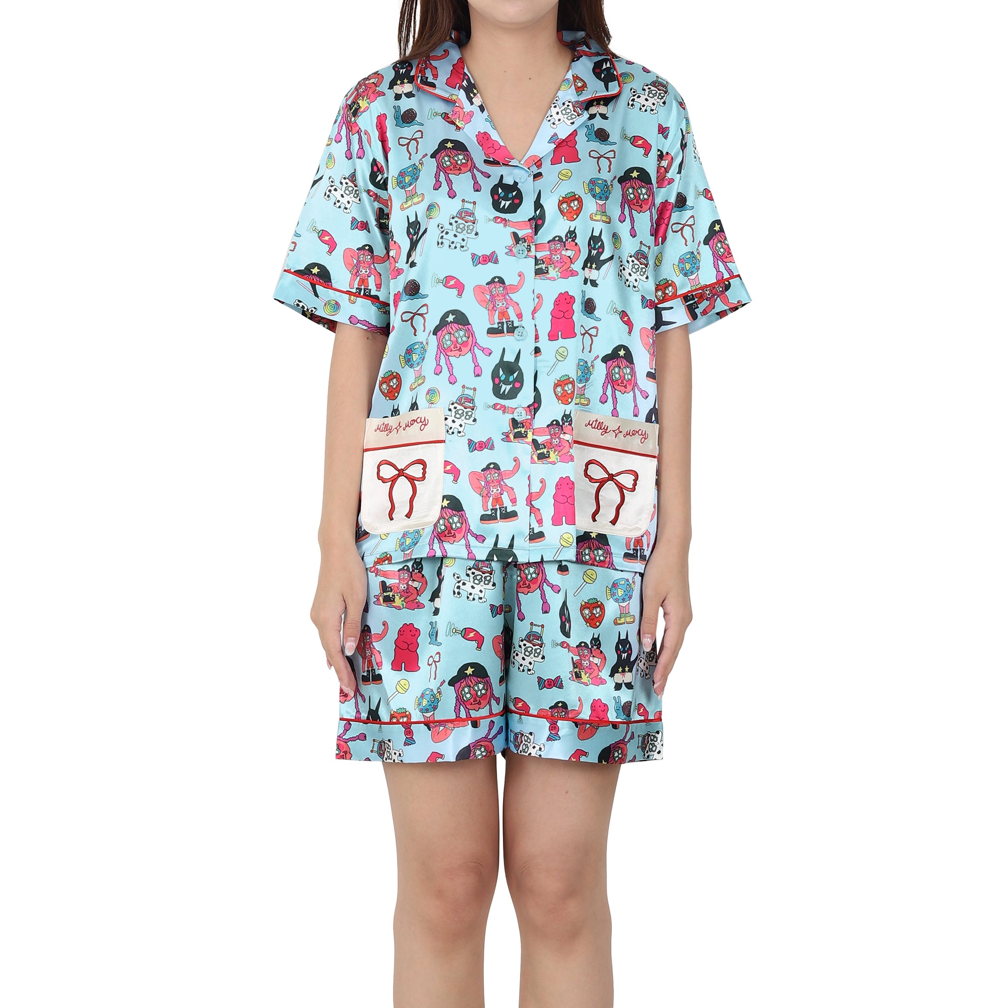 Wacoal X Milly & Mercy ชุดนอนแขนสั้น ขาสั้น พิมพ์ลายทั่วตัว รุ่น WN7D54 สีฟ้า (SX)