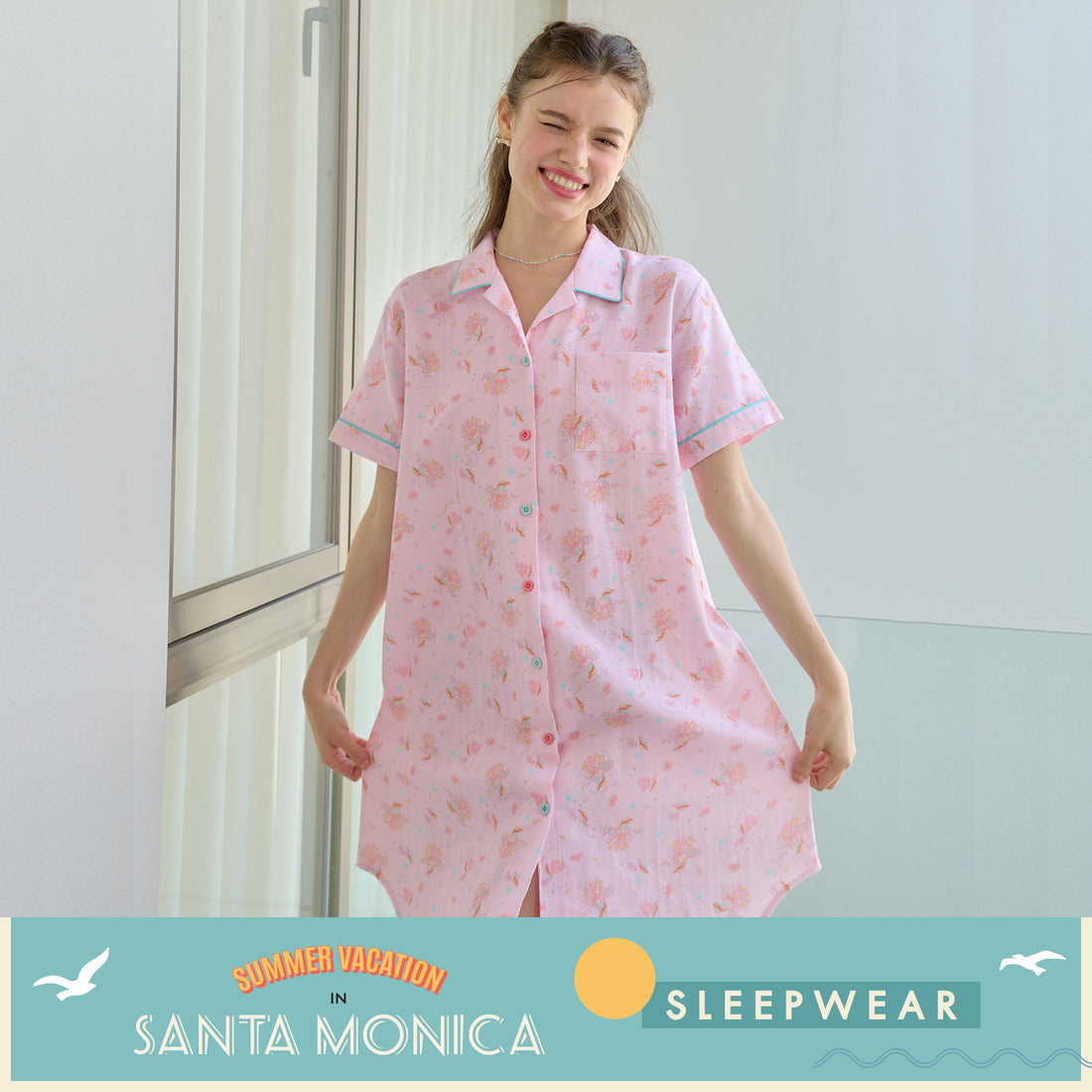 Wacoal x Santa Monica Collection Long shirt ชุดนอนแบบกระโปรง พิมพ์ลาย Sweet Coral รุ่น WN8G01