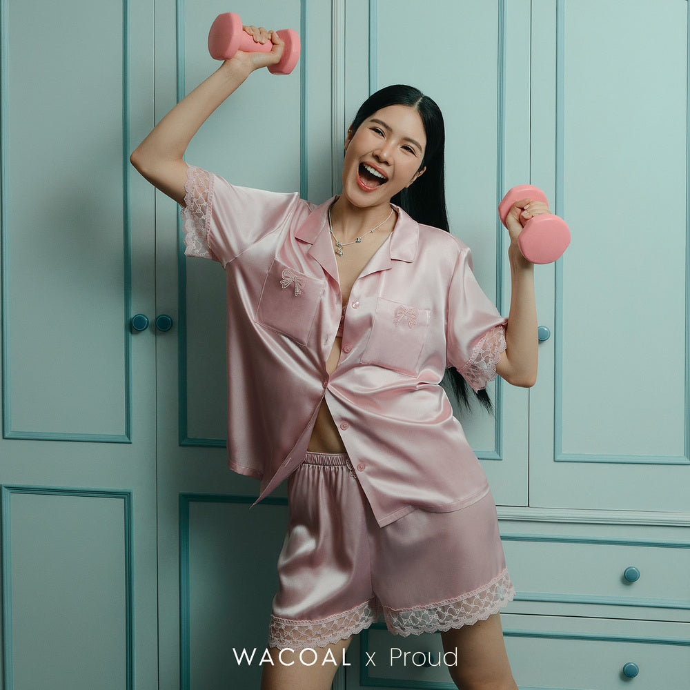 Wacoal x Proud ชุดนอนเซ็ต กันโป๊ เสื้อแขนสั้น กางเกงขาสั้น WNC702 สีชมพู (PI)