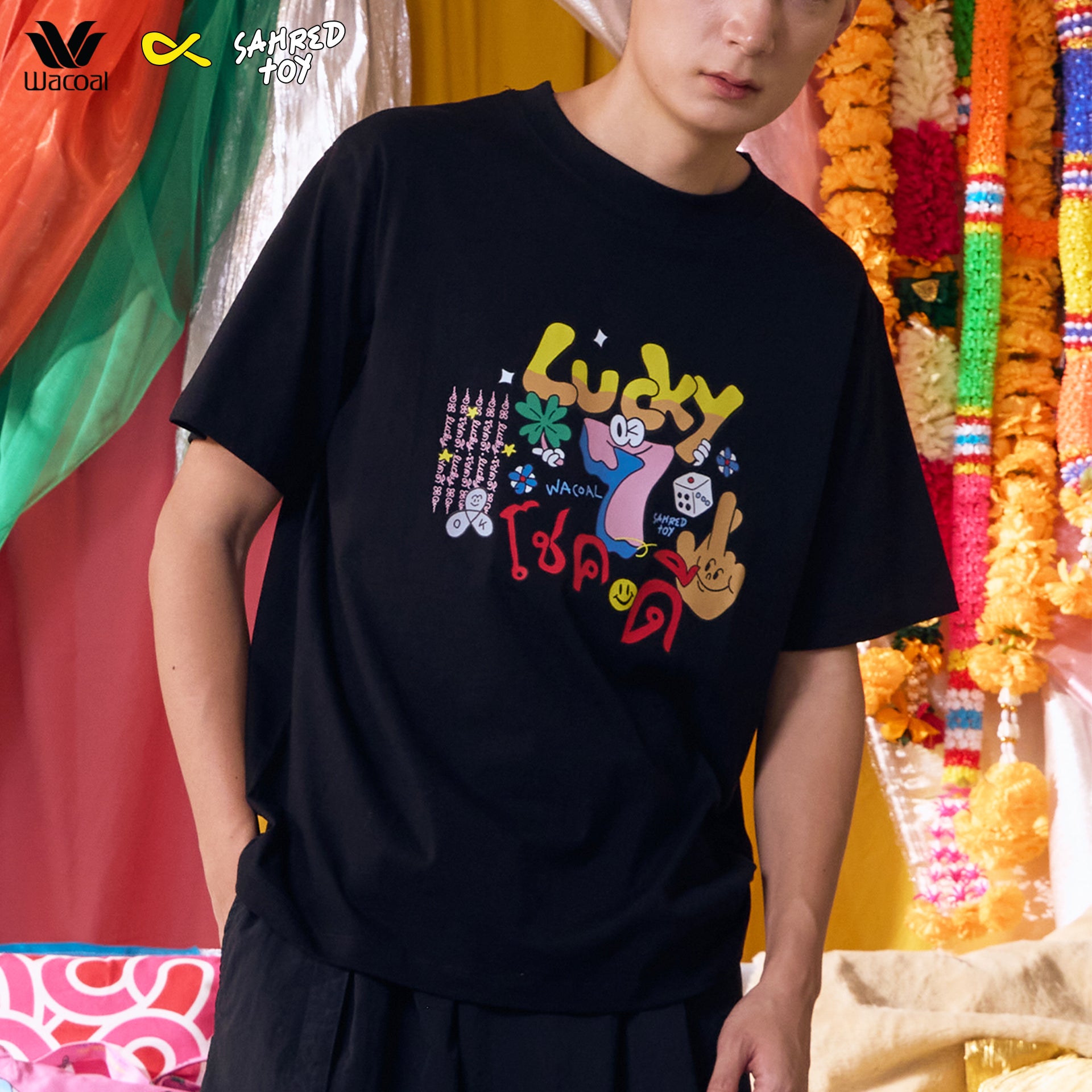 Wacoal X Sahred Toy เสื้อยืด Oversized ลายโชคดี (Lucky) รุ่น WN3D19 1 ตัว สีดำ (BL)