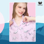 Wacoal Sleep wear, short-sleeved shirt and long pants, Sea Life pattern, model WN7G05, purple-pink (PL)