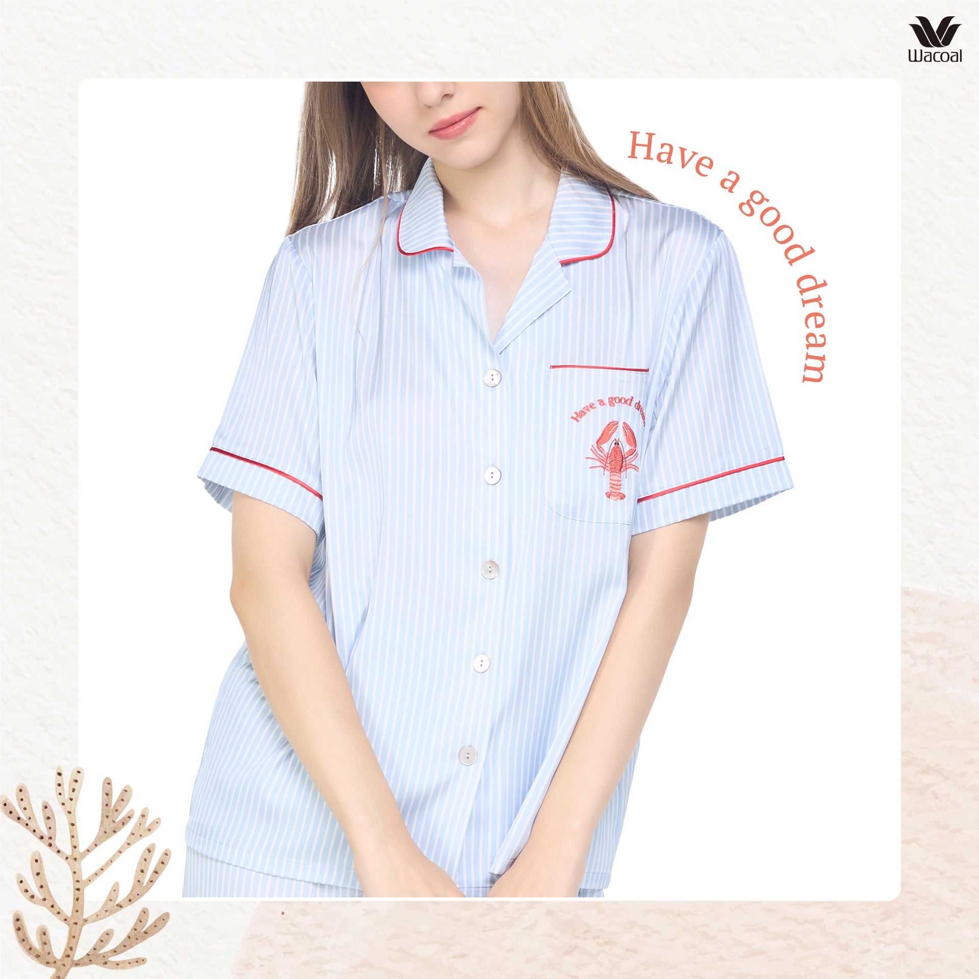 Wacoal Sleep wear ชุดนอนเสื้อแขนสั้น กางเกงขาสั้น ลายปัก Lobster รุ่น WN7E53 สีฟ้า (SX)