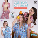 Wacoal Millie &amp; Friends Circat Collection, anti-exposure sleepwear, short-sleeved shirt, long pants, striped pattern, model WN7D41, blue (BU)