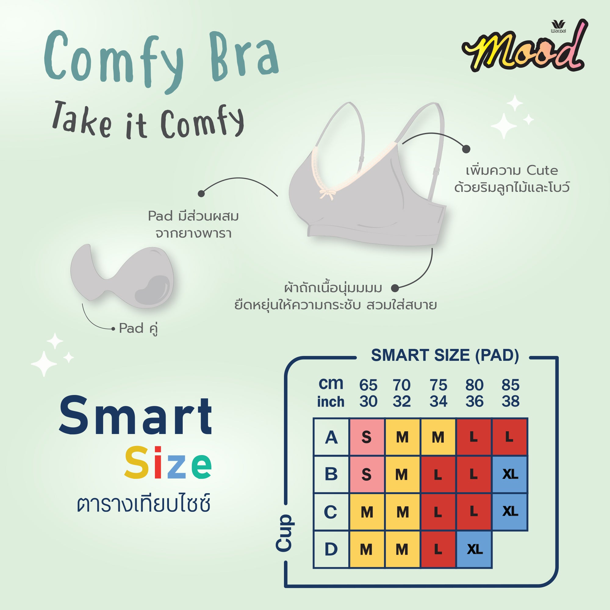 Wacoal Mood Comfy Bra Smart Size ชุดชั้นในวัยรุ่น รุ่น MM1X96 สีฟ้าอ่อน (SX)