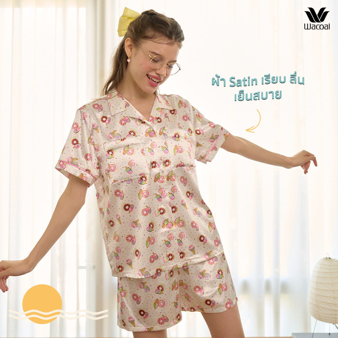 Santa Monica Collection, short-sleeved, short-sleeved pajamas, Donut and Ice cream print, model WN7O01, white (WH)