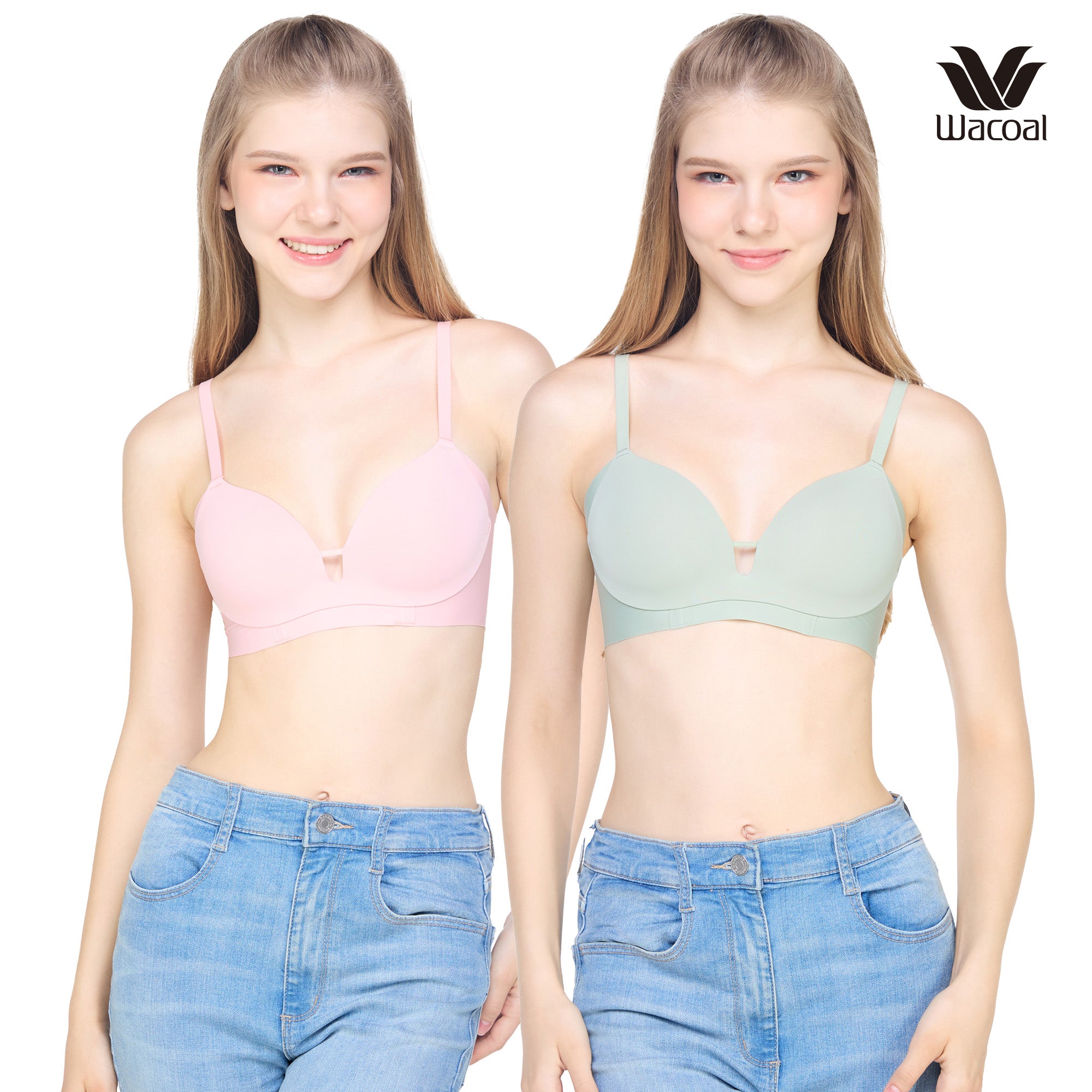 Wacoal Go Girls Smart Size Sexy Look บราไร้โครงวาโก้  แพ็ค 2 ชิ้น  รุ่น WB3Y37/WB3237 สีชมพูอมส้ม/เขียว (GO)
