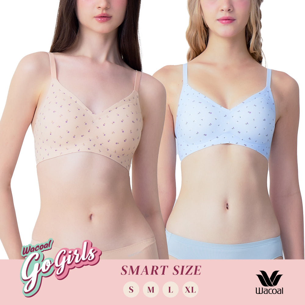 Wacoal Gogirls Smart Size บราไร้โครง ฟองน้ำบาง พิมพ์ลายดอกไม้ เซท 2 ชิ้น รุ่น WB3Y43/WB3243 สีเบจ-ฟ้า (BS)