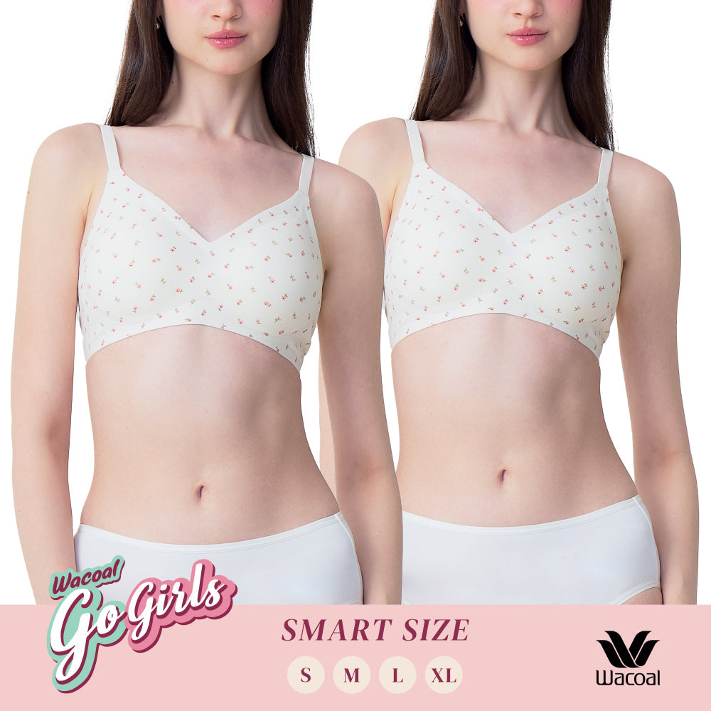 Wacoal Gogirls Smart Size บราไร้โครง ฟองน้ำบาง พิมพ์ลายดอกไม้ เซท 2 ชิ้น รุ่น WB3Y43/WB3243 สีครีม-ครีม (CR)