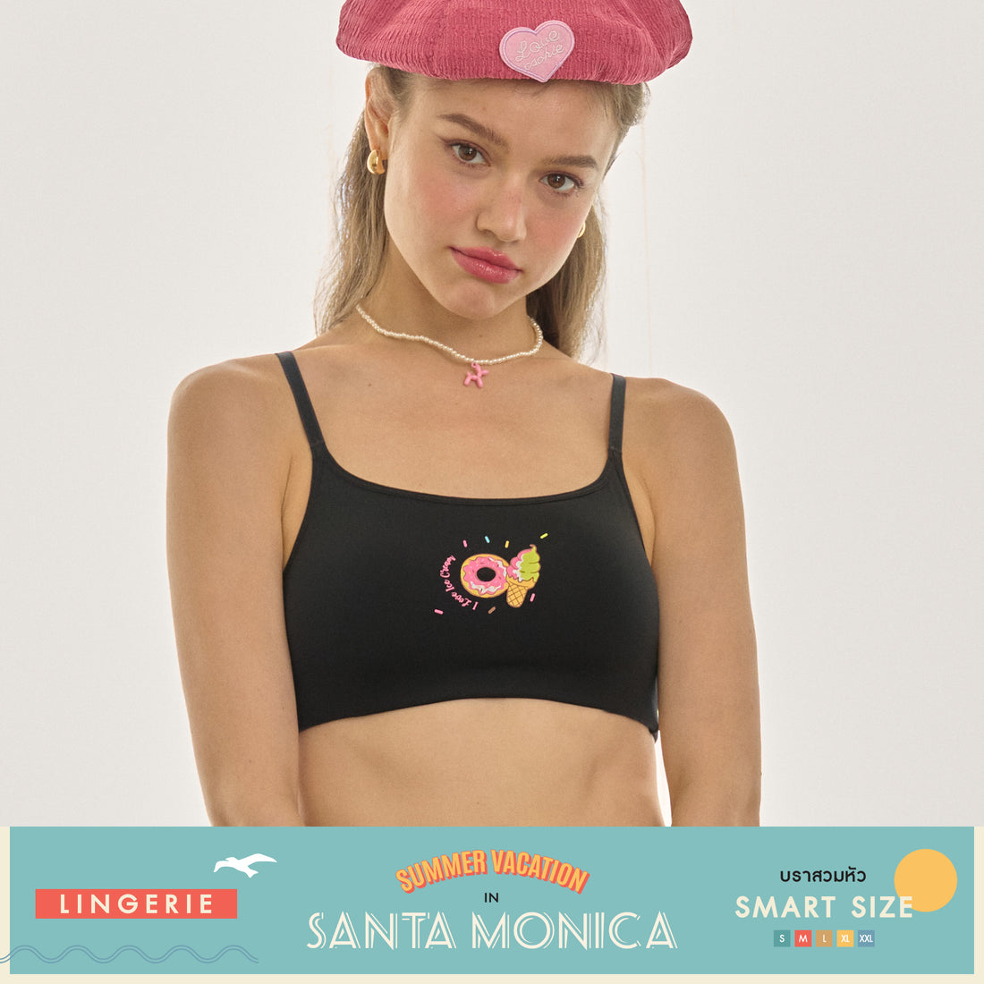 Santa Monica Collection short pullover bra, screen printed Donut and Ice cream pattern, model WH4N09, black (BL)