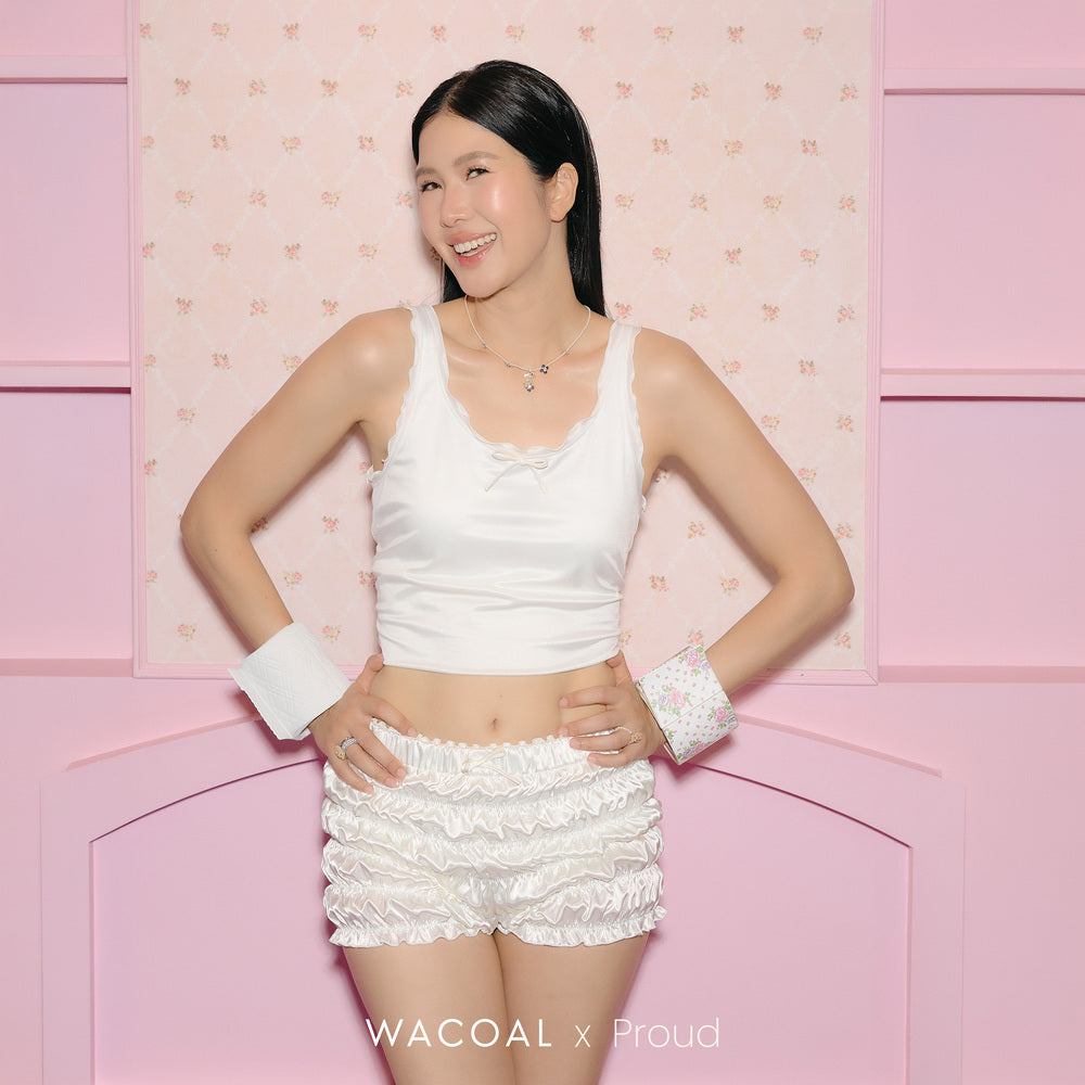 WACOAL x PROUD กางเกงขาสั้น ผ้าซาติน สม็อคทั้งตัว รุ่น WPCP01 สีครีม (CR)