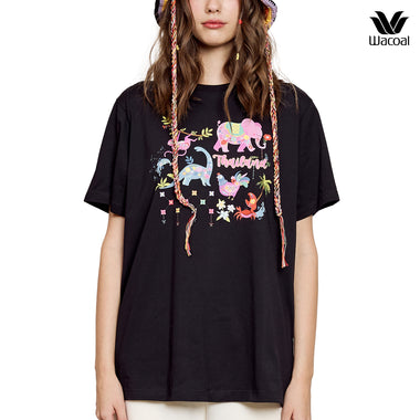 Wacoal Any Thai Any Where Collection วาโก้ เสื้อยืดแขนสั้น Oversized พิมพ์ลายช้าง รุ่น WN3V01 สีดำ (BL)