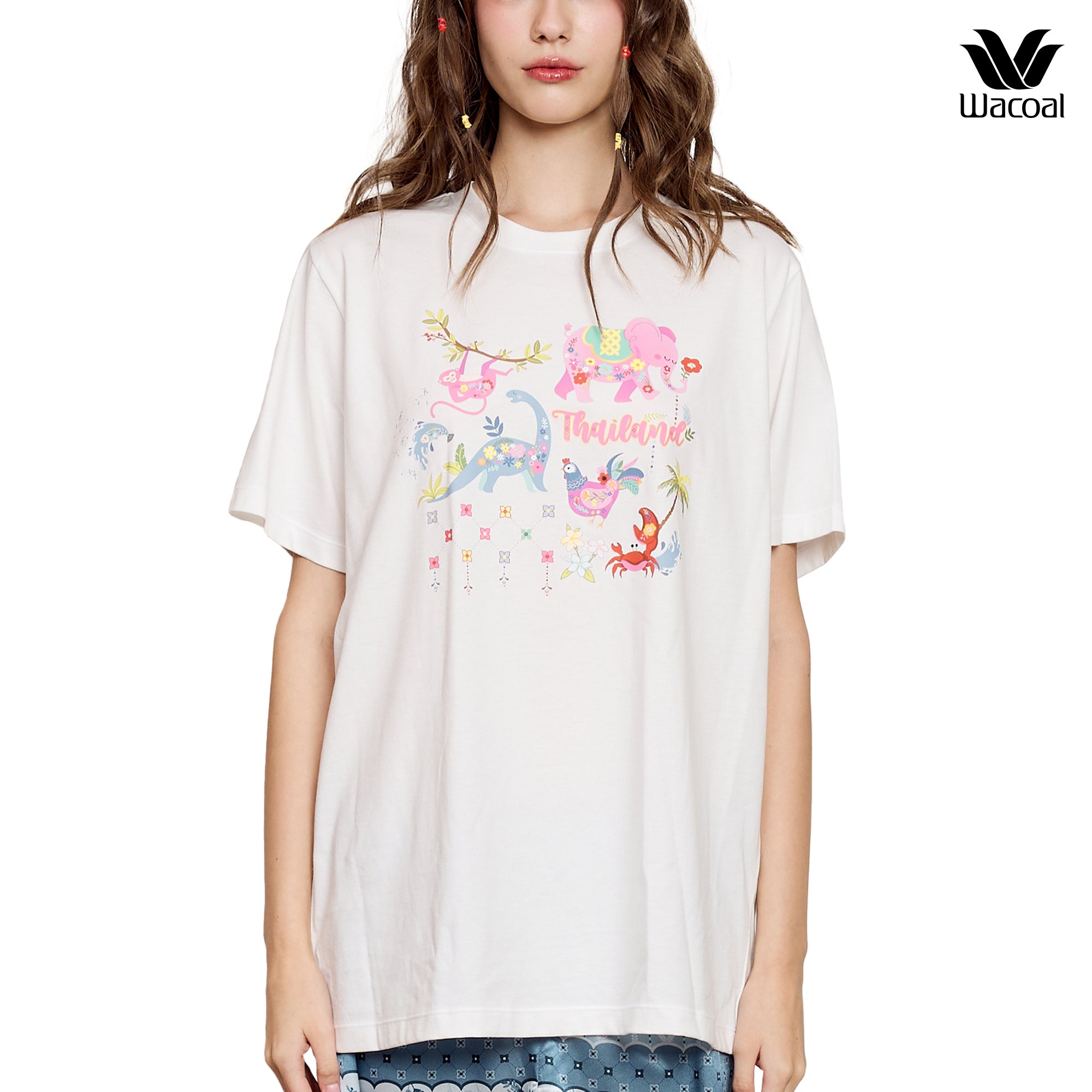 Wacoal Any Thai Any Where Collection วาโก้ เสื้อยืดแขนสั้น Oversized พิมพ์ลายช้าง รุ่น WN3V01 สีขาว (WH)