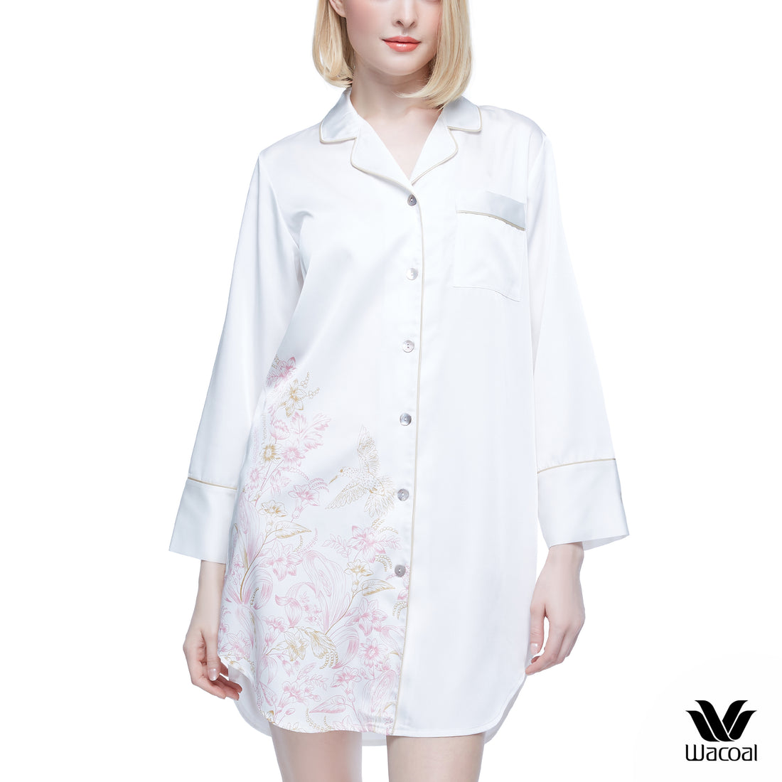 Wacoal Sleepwear Wacoal pajamas, longshirt skirt, front split buttons, short sleeves, satin fabric, model WN6C83, pink (PI)