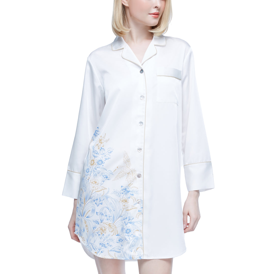 Wacoal Sleepwear Wacoal pajamas, longshirt skirt, front split buttons, short sleeves, satin fabric, model WN6C83, blue (SX)
