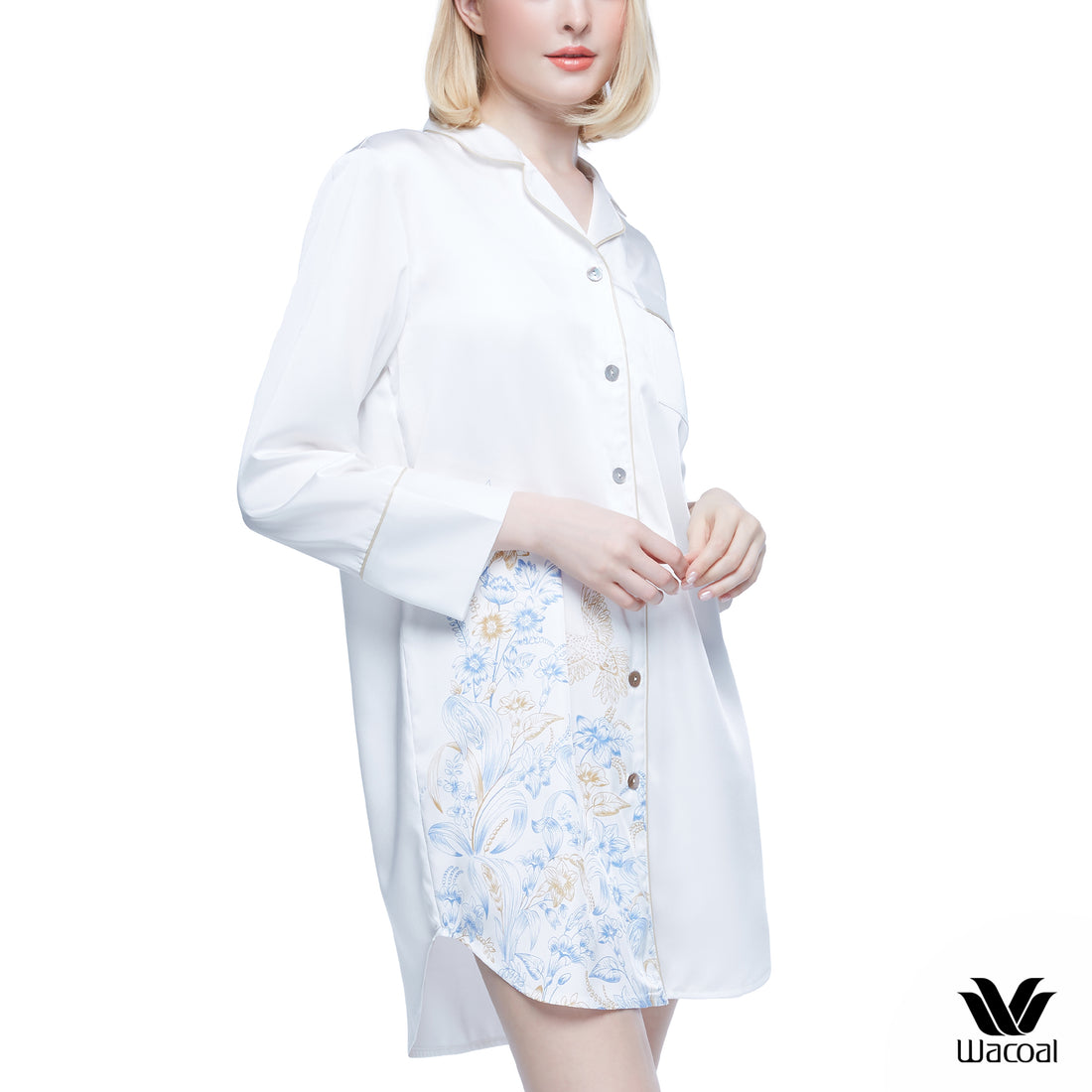 Wacoal Sleepwear Wacoal pajamas, longshirt skirt, front split buttons, short sleeves, satin fabric, model WN6C83, blue (SX)