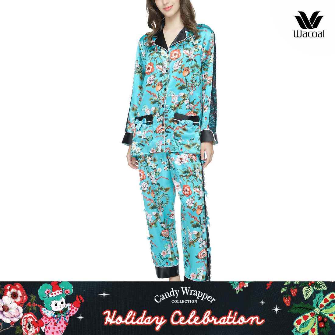 Wacoal x Phannapast: “Candy Wrappers Collection” pajamas, long sleeve shirt, long pants, model WN7D24, blue (BU)