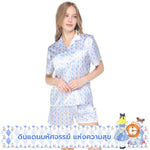 Wacoal X Meraki Alice Collection Short-Sleeve Short Pajamas, Light-Blocking, White Rabbit Pattern, Model WN7D30, Blue (SX)