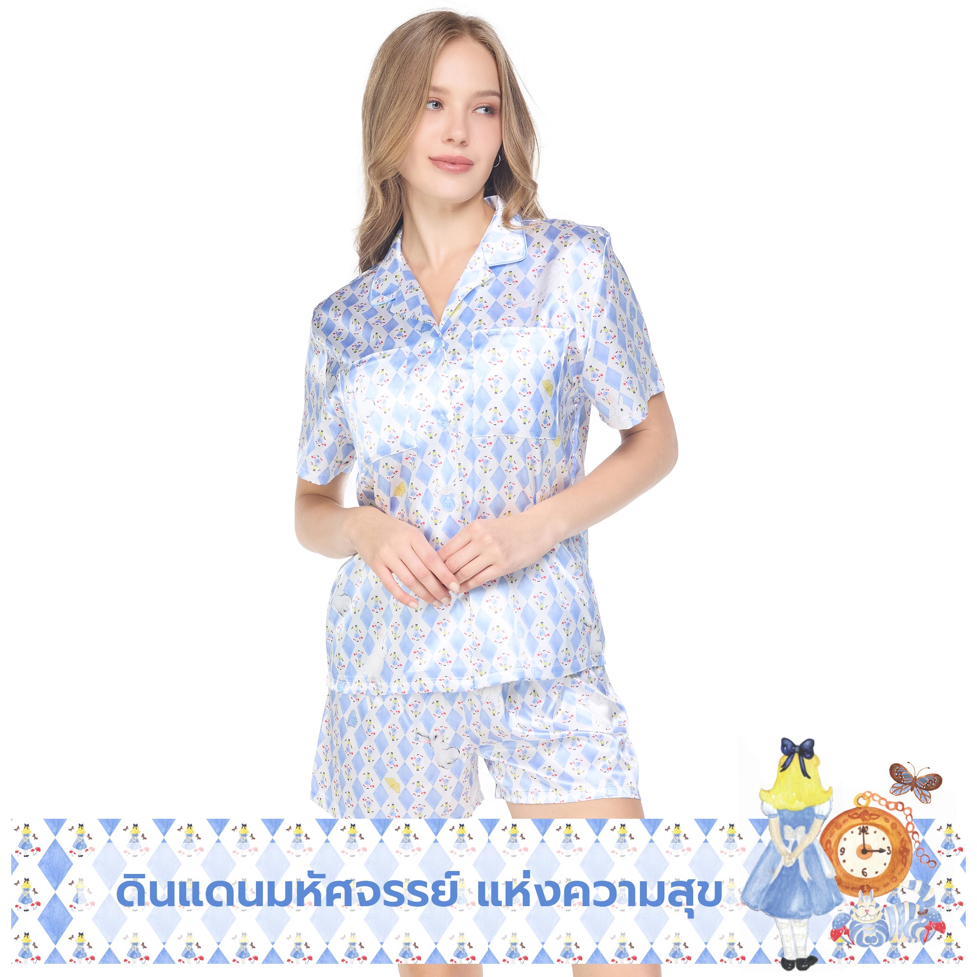 Wacoal X Meraki Alice Collection เซทชุดนอนกันโป๊แขนสั้น ขาสั้น ลายกระต่ายขาว รุ่น WN7D30 สีฟ้า (SX)