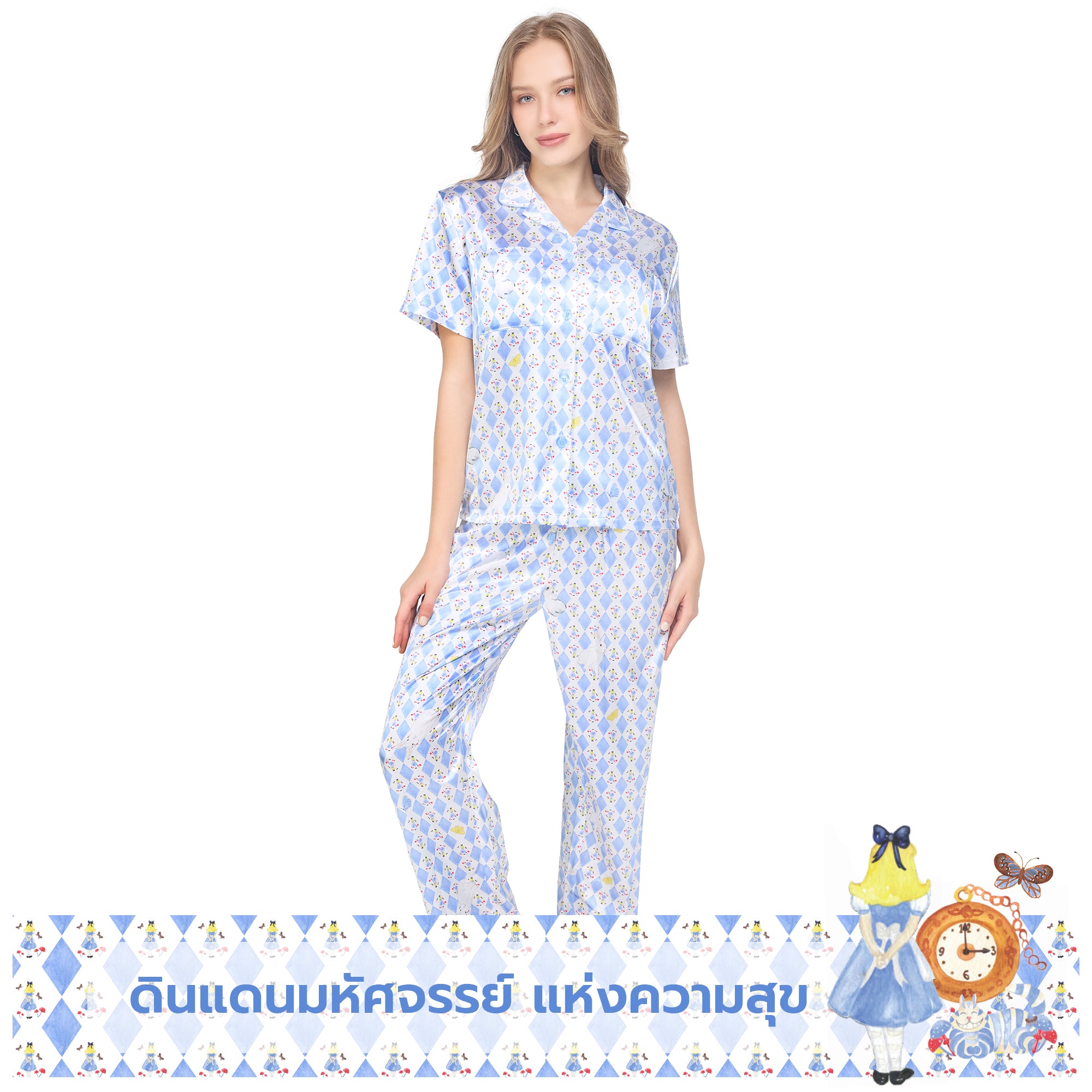 Wacoal X Meraki Alice Collection เซทชุดนอนกันโป๊แขนสั้น ขายาว ลายกระต่ายขาว รุ่น WN7D31 สีฟ้า (SX)