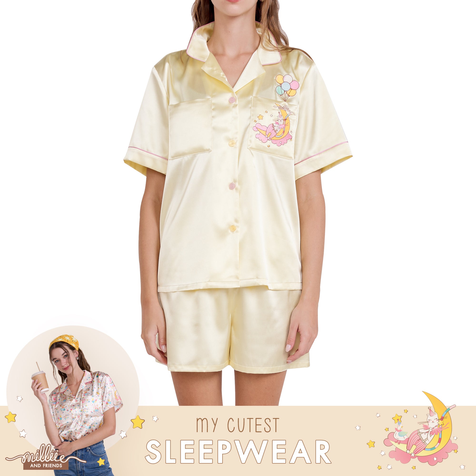 Wacoal Millie & Friends Circat Collection ชุดนอนกันโป๊ รูปแบบเสื้อแขนสั้น กางเกงขาสั้น รุ่น WN7D38 สีเหลือง (LM)