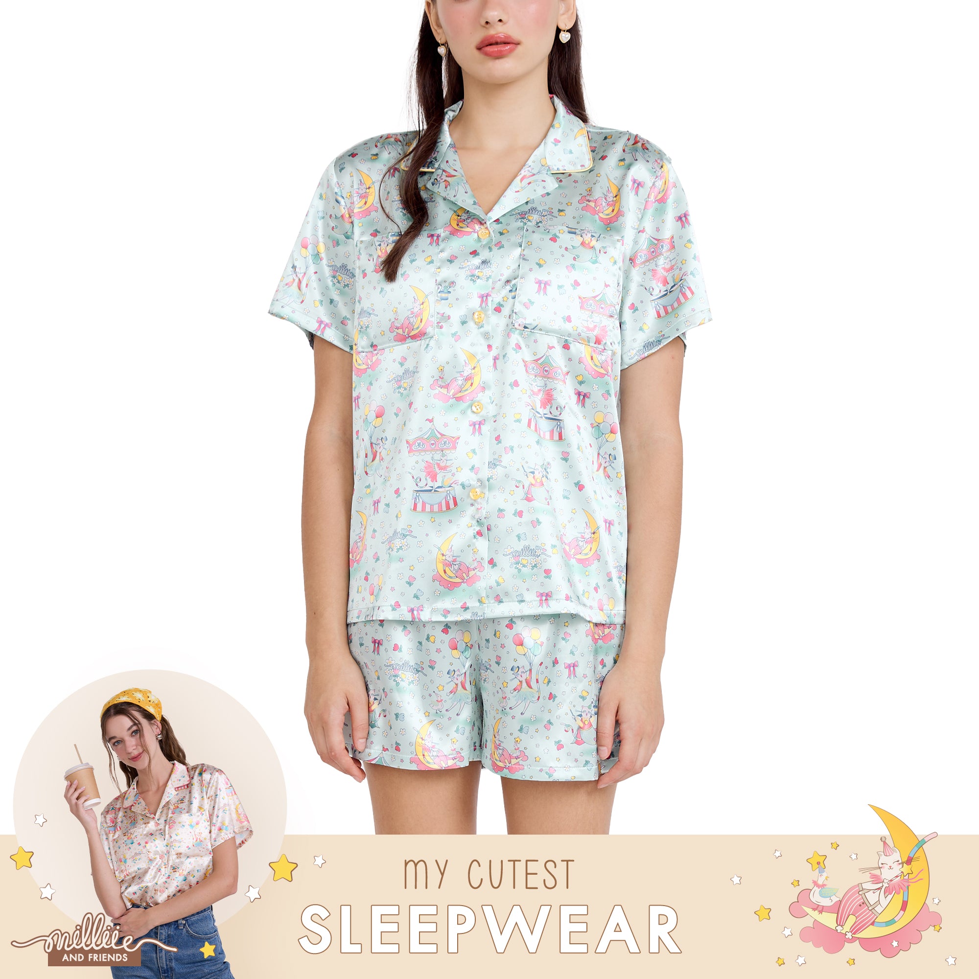 Wacoal Millie & Friends Circat Collection ชุดนอนกันโป๊ รูปแบบเสื้อแขนสั้น กางเกงขาสั้น รุ่น WN7D40