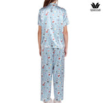 Wacoal Millie &amp; Friends Circat Collection, anti-exposure sleepwear, short-sleeved shirt, long pants, striped pattern, model WN7D41, blue (BU)