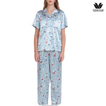 Wacoal Millie &amp; Friends Circat Collection, anti-exposure sleepwear, short-sleeved shirt, long pants, striped pattern, model WN7D41, blue (BU)