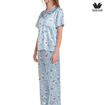 Wacoal Millie &amp; Friends Circat Collection, anti-exposure sleepwear, short-sleeved shirt, long pants, striped pattern, model WN7D41, blue (BU)