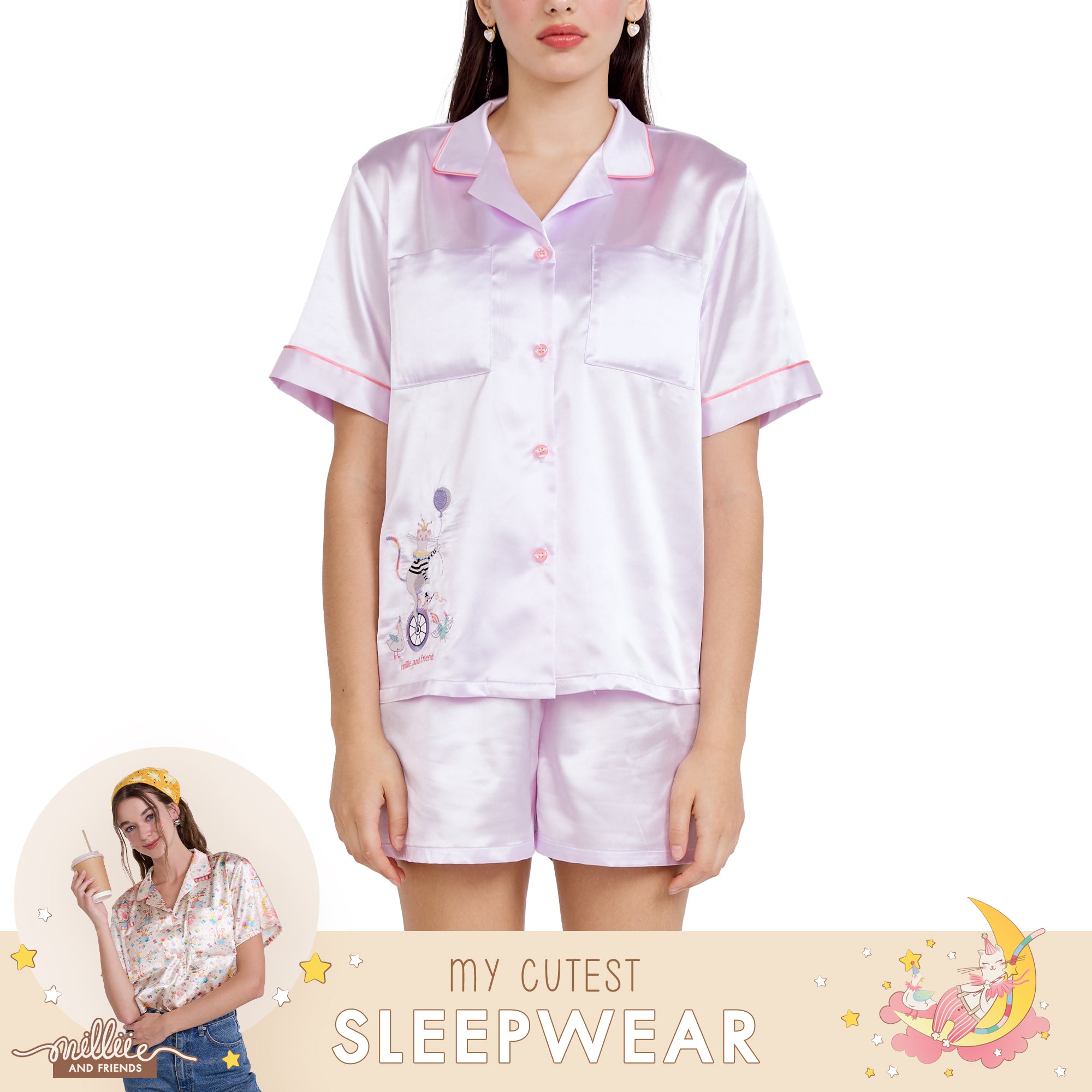 Wacoal Millie & Friends Circat Collection ชุดนอนกันโป๊ รูปแบบเสื้อแขนสั้น กางเกงขาสั้น รุ่น WN7D43 สีม่วง (LG)