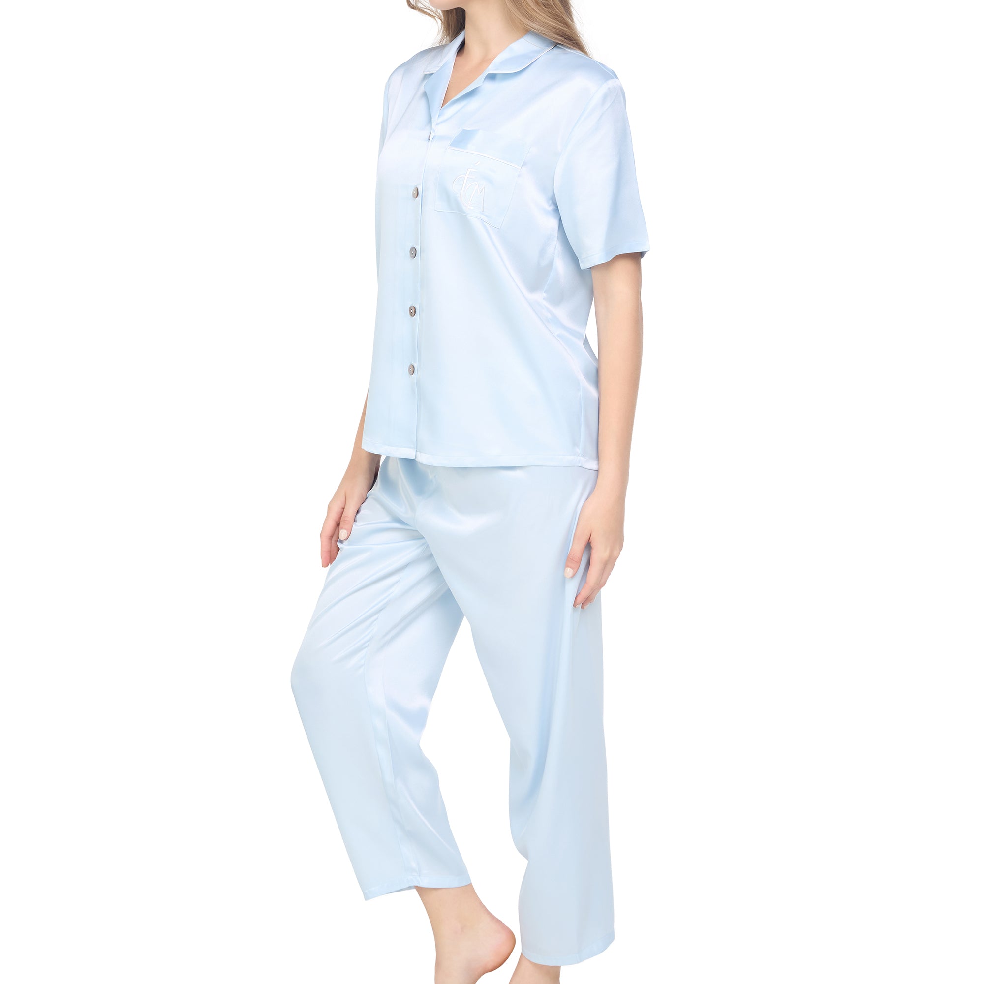 Wacoal Sleep Wear ชุดนอนผ้า Satin Set แขนสั้น ขายาว รุ่น WN7E18 สีฟ้าคราม (SM)