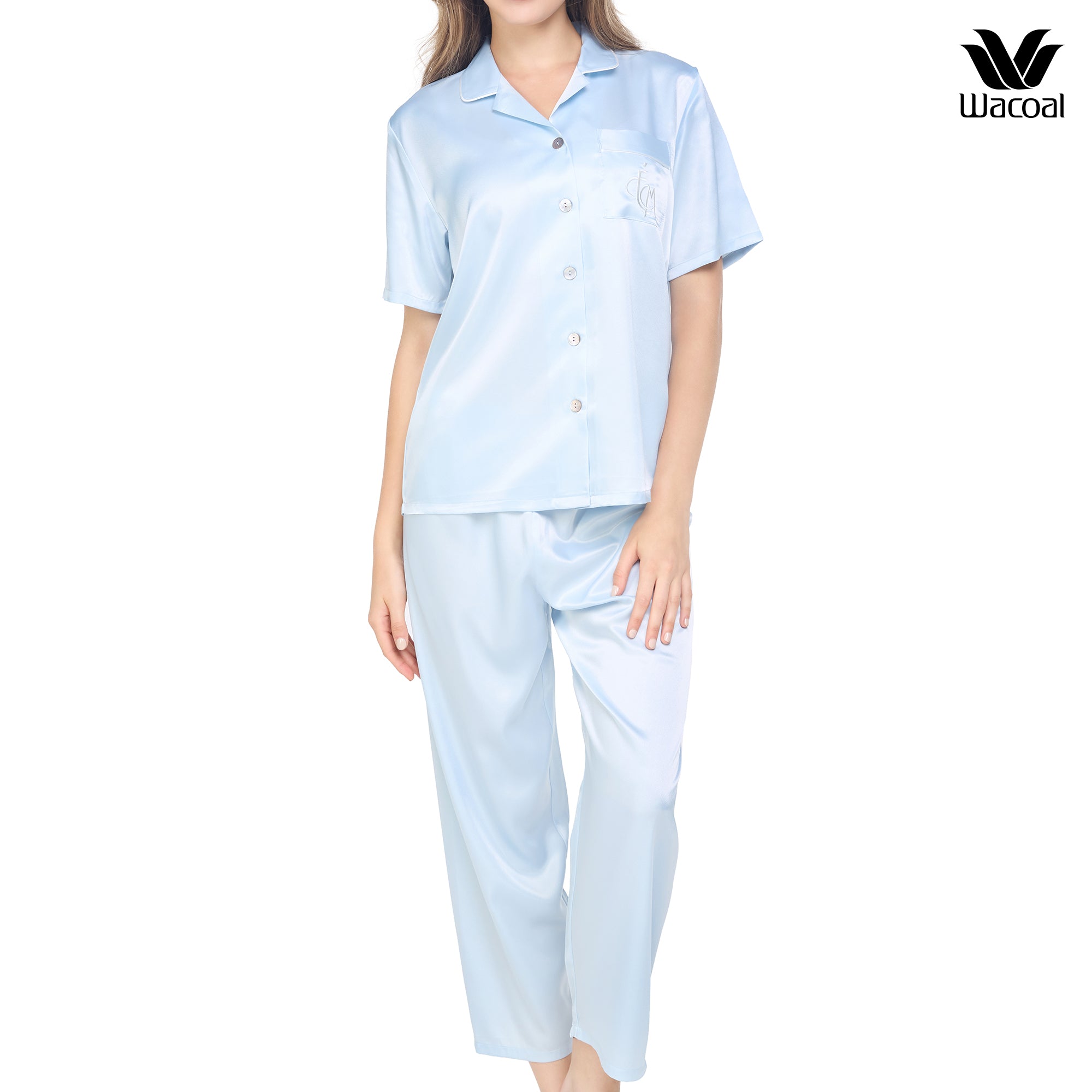 Wacoal Sleep Wear ชุดนอนผ้า Satin Set แขนสั้น ขายาว รุ่น WN7E18 สีฟ้าคราม (SM)