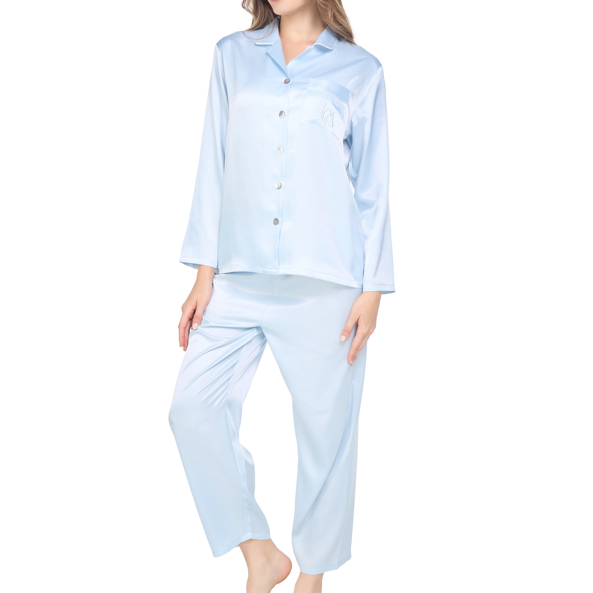 Wacoal Sleep Wear ชุดนอนผ้า Satin Set แขนยาว ขายาว รุ่น WN7E19 สีฟ้าคราม (SM)