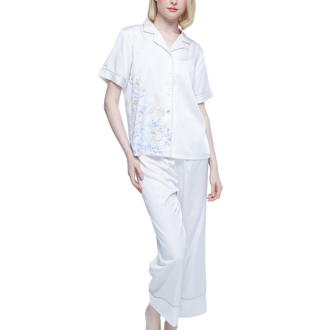 Wacoal Sleepwear Wacoal pajamas, Hawaiian neck short sleeve shirt/long pants, satin fabric, model WN7E27, blue (SX)