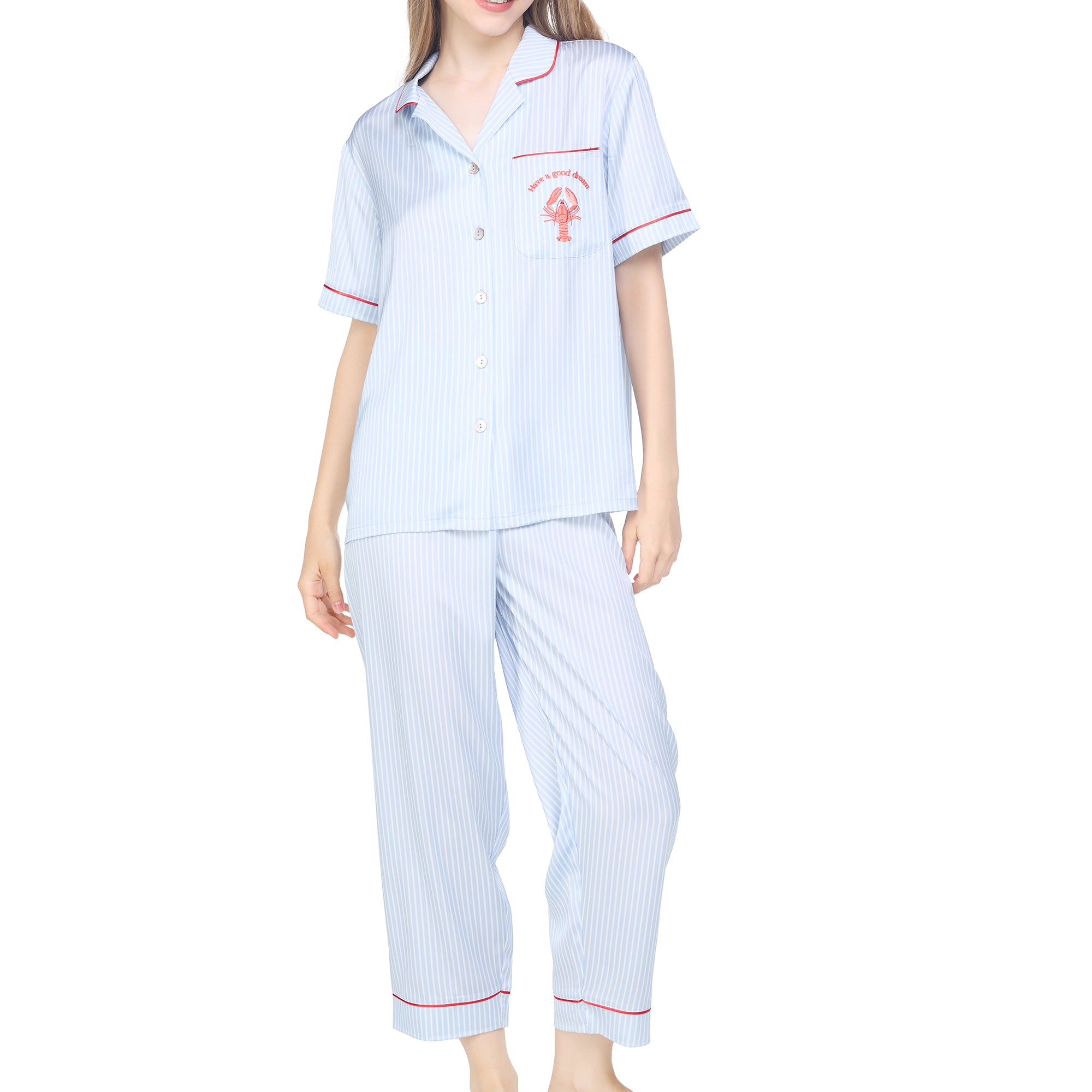 Wacoal Sleep wear ชุดนอนเสื้อแขนสั้น กางเกงขาสั้น ลายปัก Lobster รุ่น WN7E53 สีฟ้า (SX)