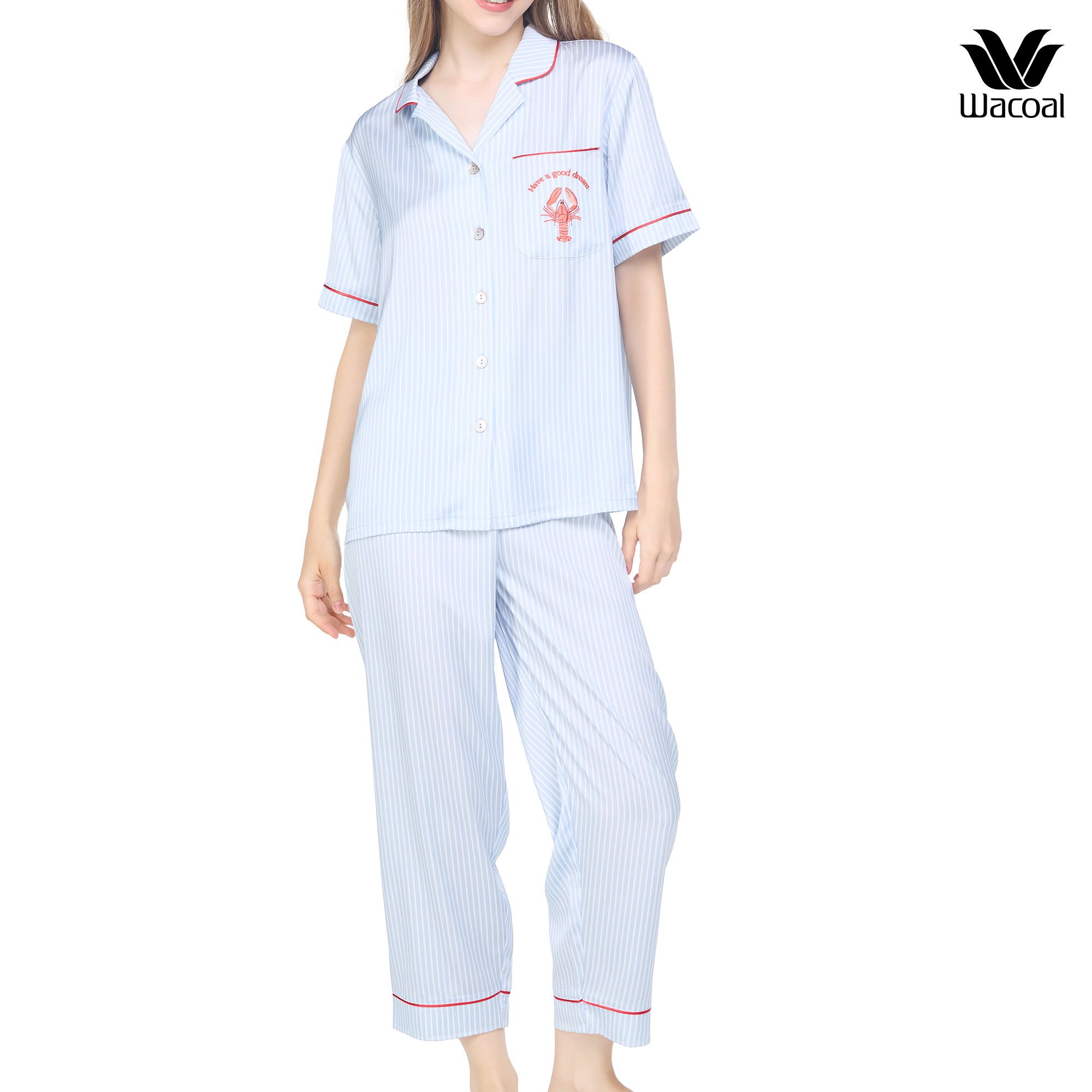 Wacoal Sleep wear ชุดนอนเสื้อแขนสั้น กางเกงขาสั้น ลายปัก Lobster รุ่น WN7E53 สีฟ้า (SX)