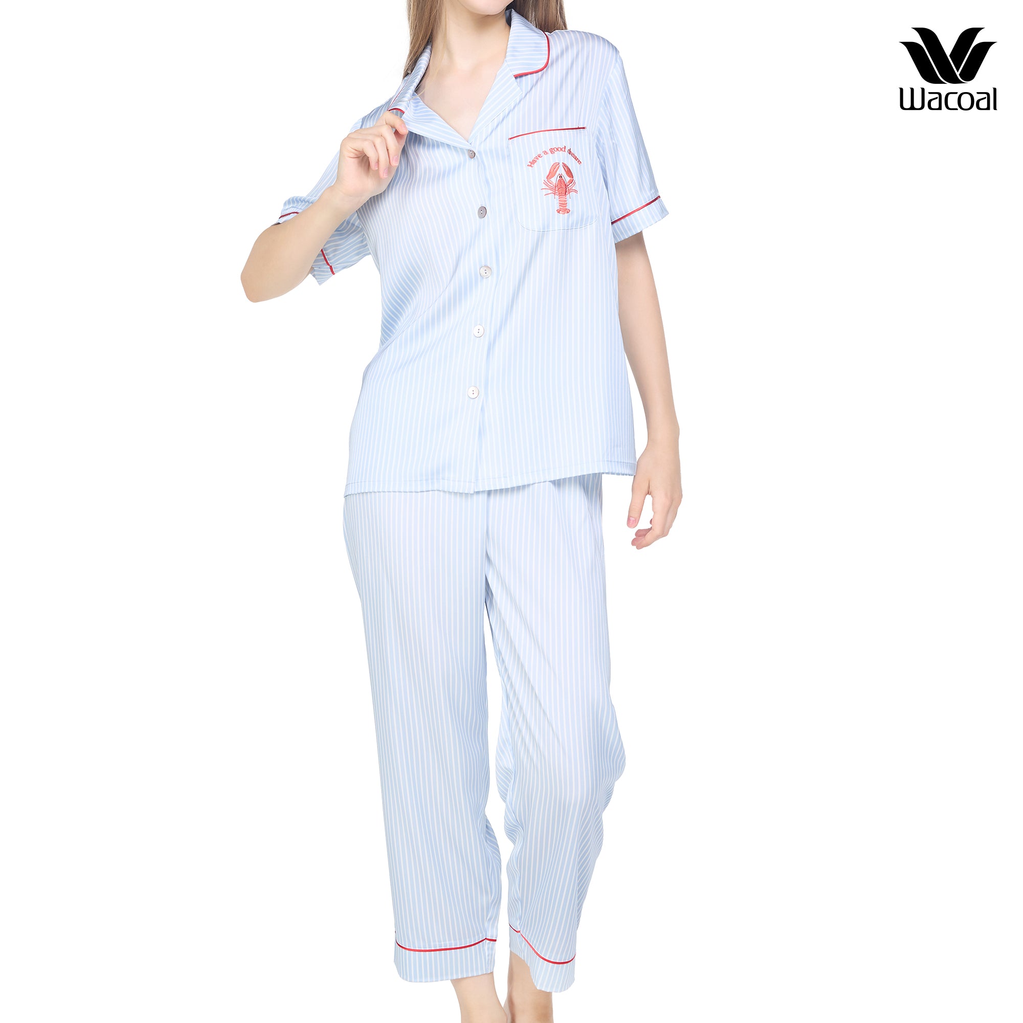 Wacoal Sleep wear ชุดนอนเสื้อแขนสั้น กางเกงขาสั้น ลายปัก Lobster รุ่น WN7E53 สีฟ้า (SX)