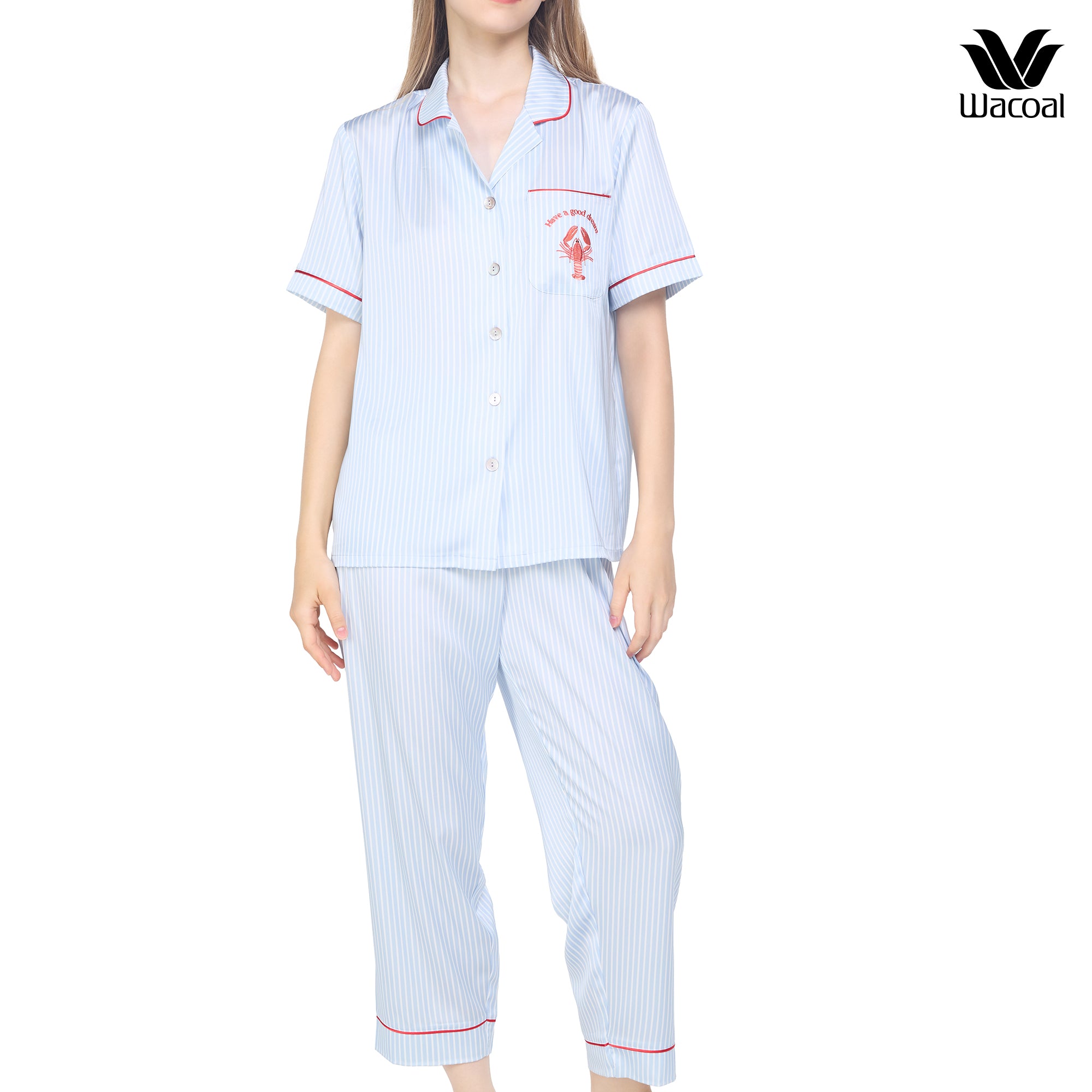 Wacoal Sleep wear ชุดนอนเสื้อแขนสั้น กางเกงขาสั้น ลายปัก Lobster รุ่น WN7E53 สีฟ้า (SX)