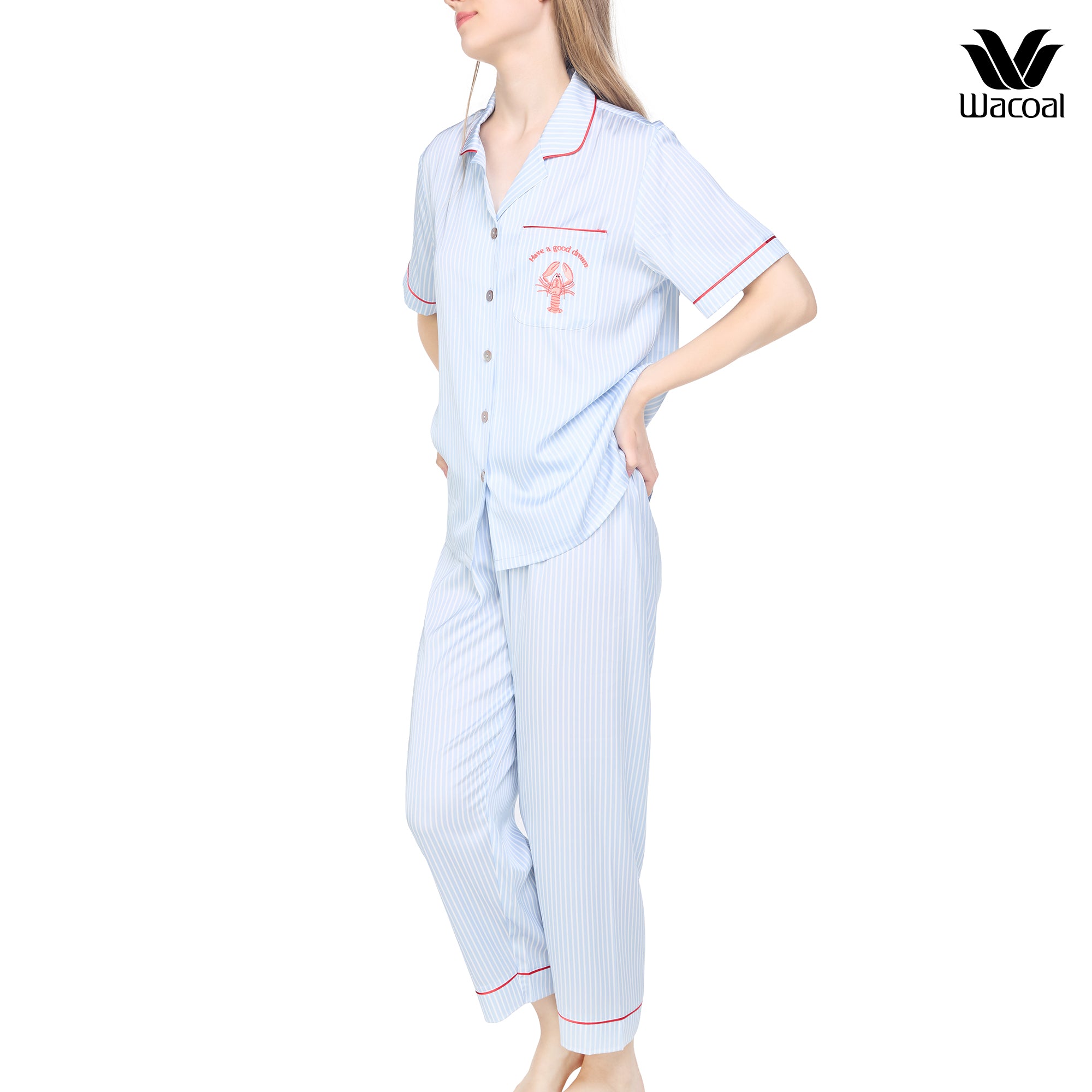 Wacoal Sleep wear ชุดนอนเสื้อแขนสั้น กางเกงขาสั้น ลายปัก Lobster รุ่น WN7E53 สีฟ้า (SX)