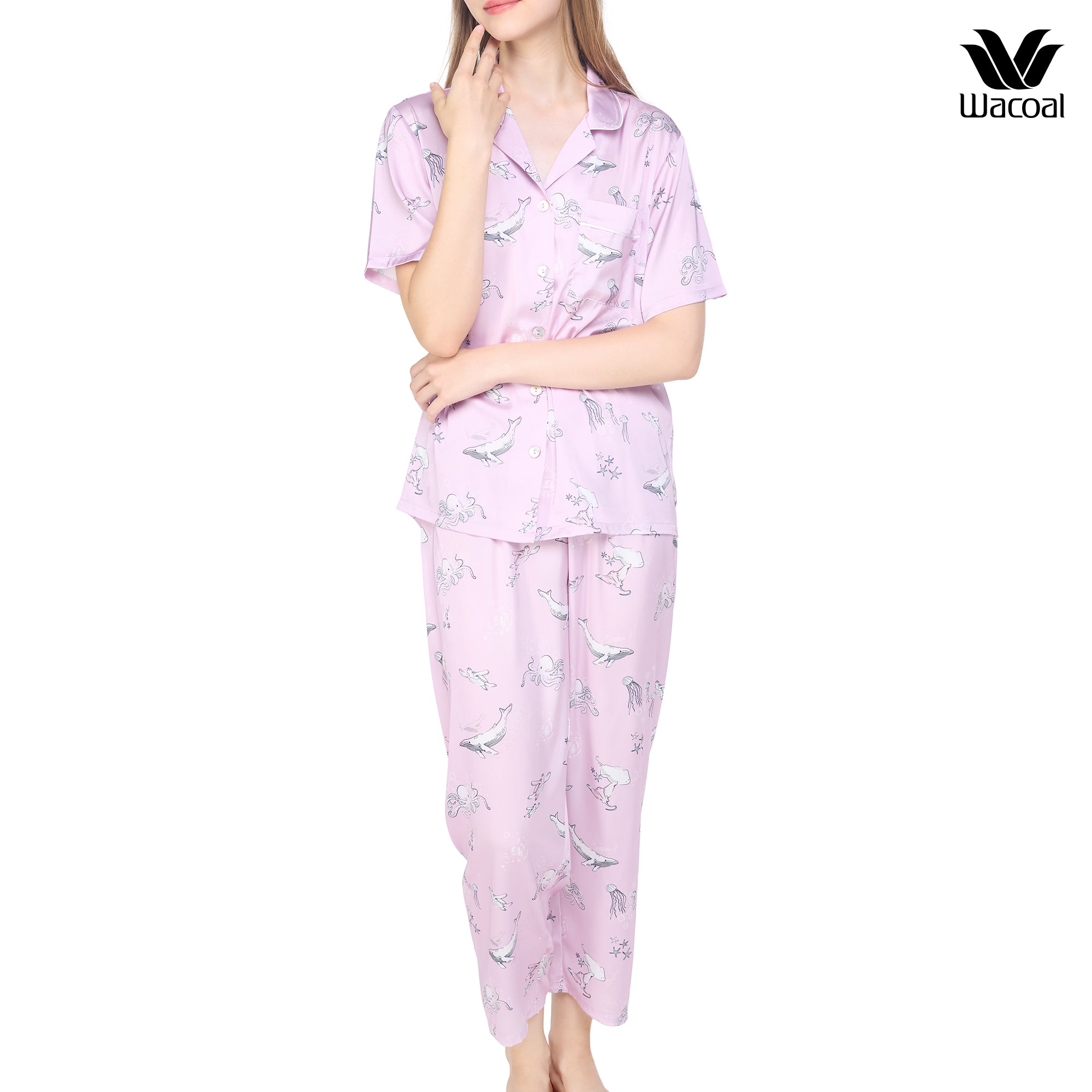 Wacoal Sleep wear ชุดนอนเสื้อแขนสั้น กางเกงขายาว ลาย Sea Life รุ่น WN7G05 สีชมพูอมม่วง (PL)