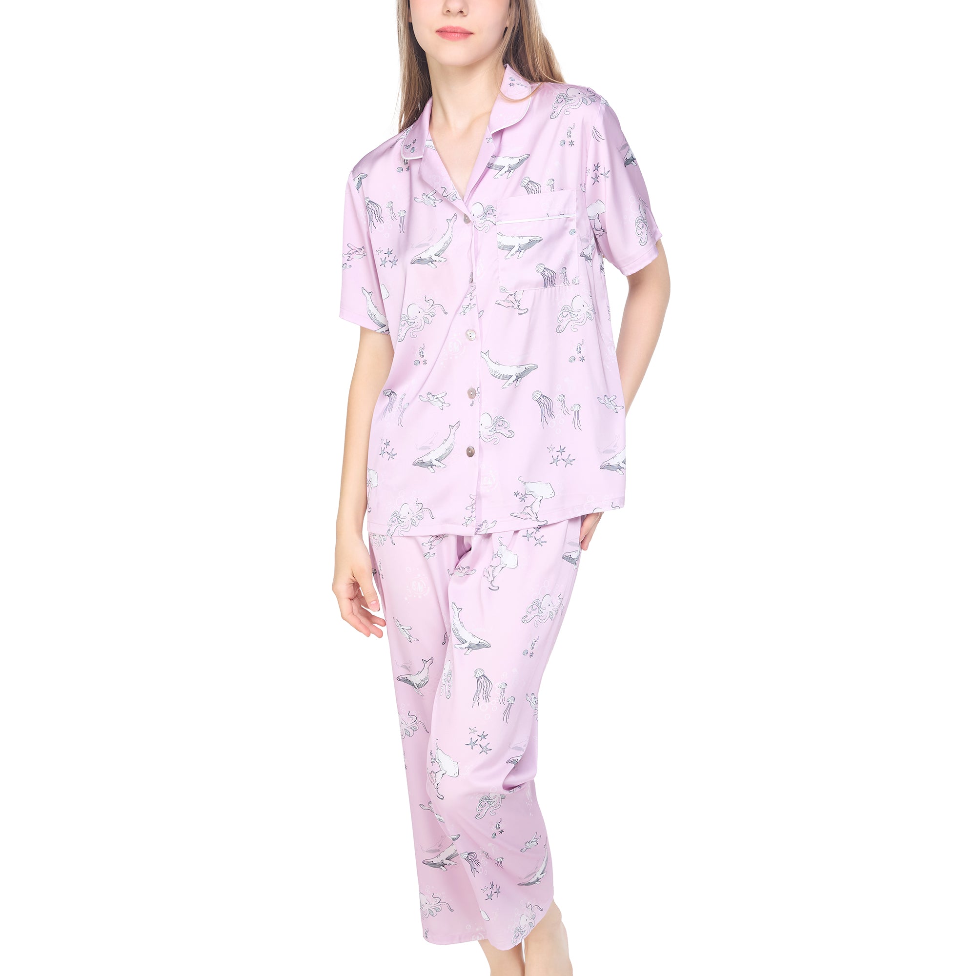 Wacoal Sleep wear ชุดนอนเสื้อแขนสั้น กางเกงขายาว ลาย Sea Life รุ่น WN7G05 สีชมพูอมม่วง (PL)