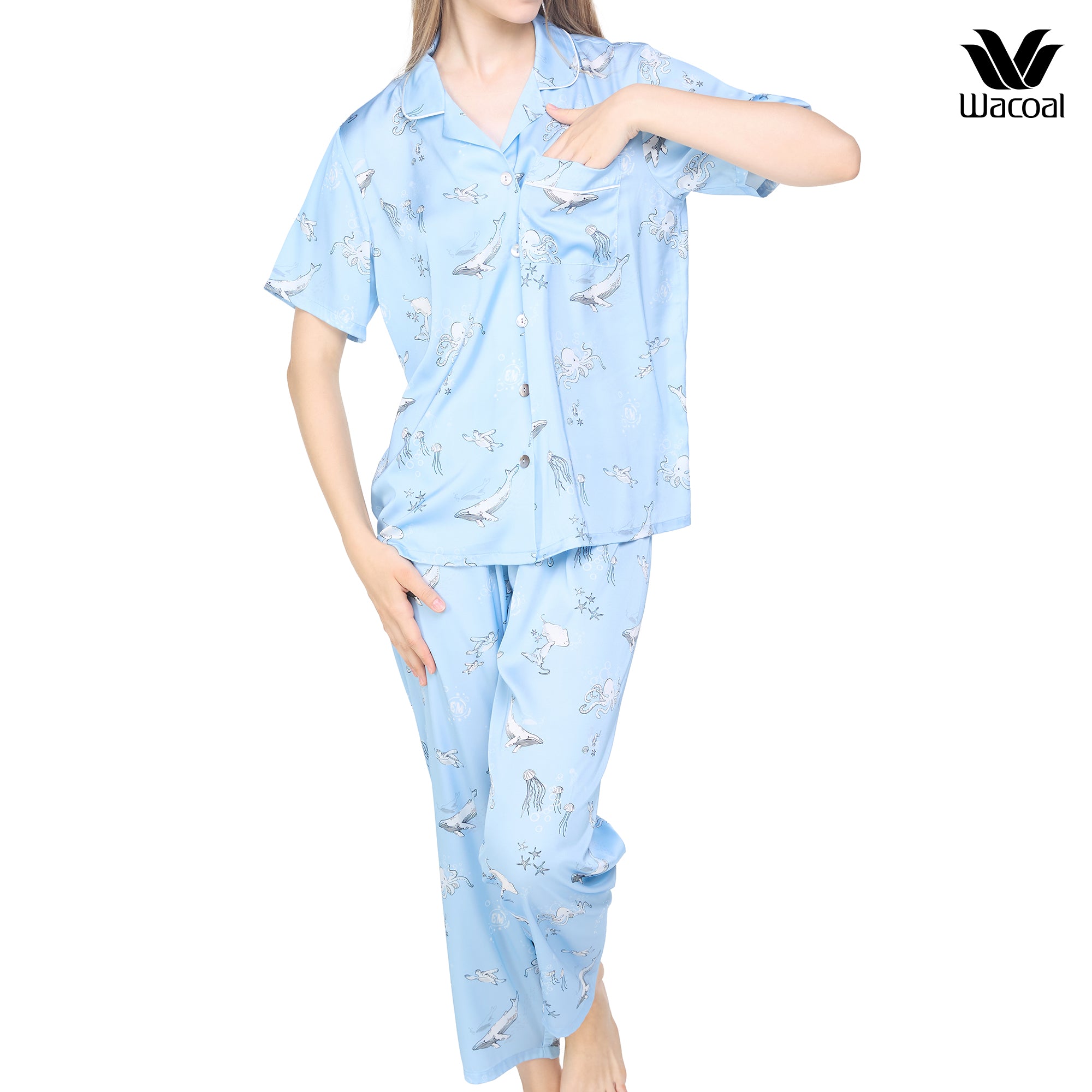 Wacoal Sleep wear ชุดนอนเสื้อแขนสั้น กางเกงขายาว ลาย Sea Life รุ่น WN7G05 สีฟ้า (ST)